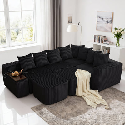 137.5" U-Shaped Modular Sofa with Wireless Charging, Movable Footrests & Smart Console, 8-in-1 Corduroy Sectional, No Assembly Required