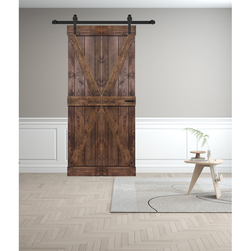 Porte de grange pliante en bois massif de style K avec trousse de quincaillerie - assemblage requis, Noyer foncé