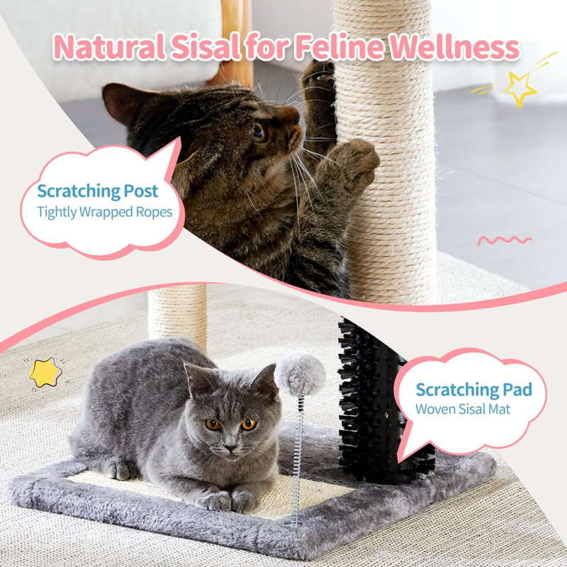 20" Gray Sisal Cat Tree Tower with Plush Perch and Groomer