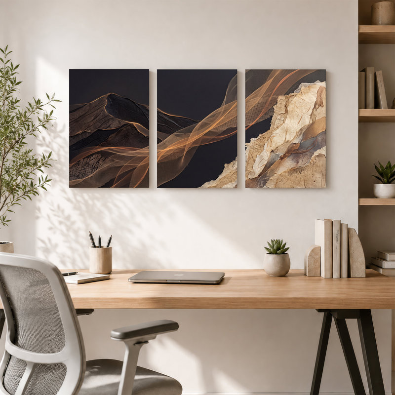 Ensemble de 3 toiles murales texturées noires et beiges avec maille ambrée, H 30 po x l 20 po x 3 pièces
