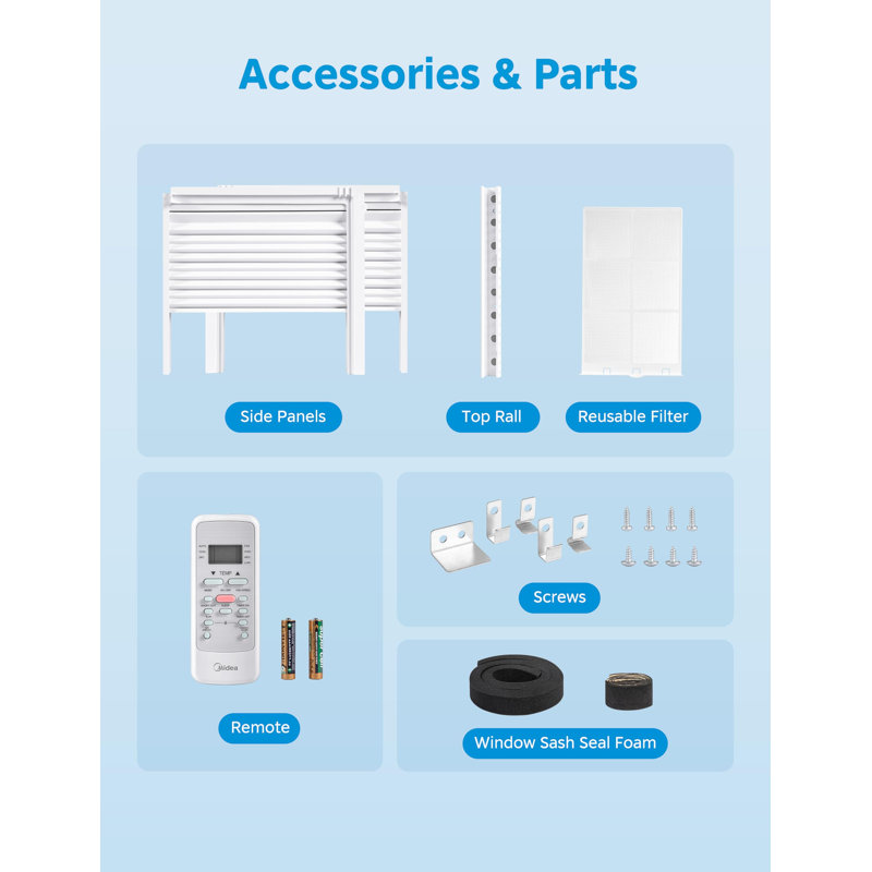 Climatiseur de fenêtre Midea 5000 BTU, refroidit jusqu'à 150 pieds carrés Pi. avec filtre réutilisable facile à utiliser, télécommande, climatisation parfaite pour la chambre à coucher, le salon, le bureau personnel, le contrôle électronique