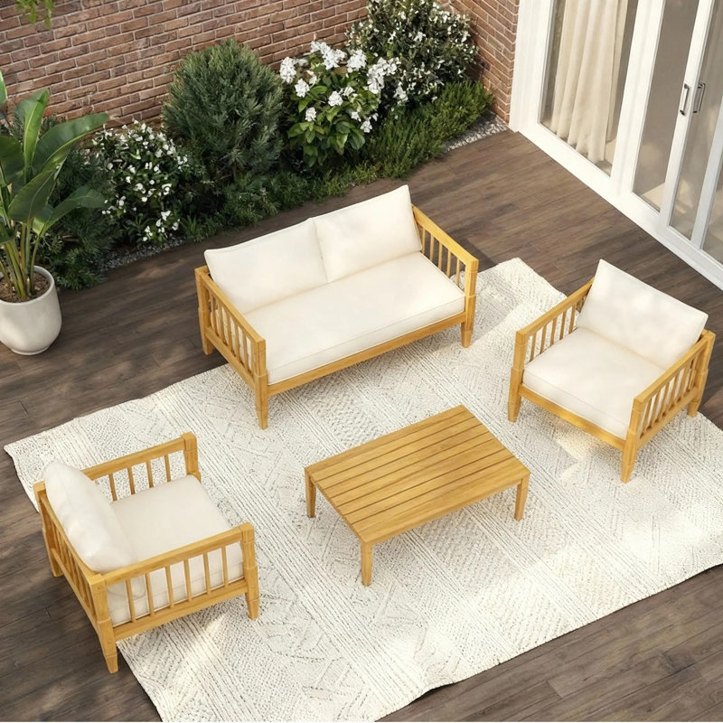 4-Piece Acacia Wood Patio Set with Thick Cushions, Teak