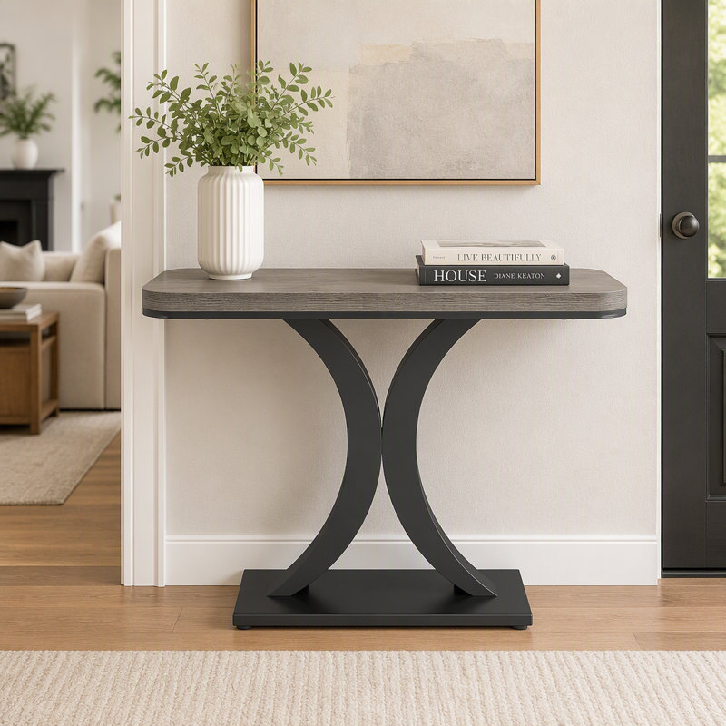 Console 40 po, table de vestibule étroite avec base géométrique, Gray / Black, Gray, Black