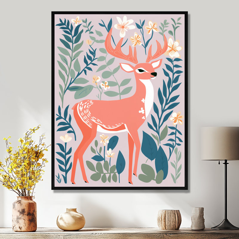 Graphique, cerf dans la forêt - art mural animal cerf, H 20 po x l 12 po x P 1 po, Toile avec cadre noir