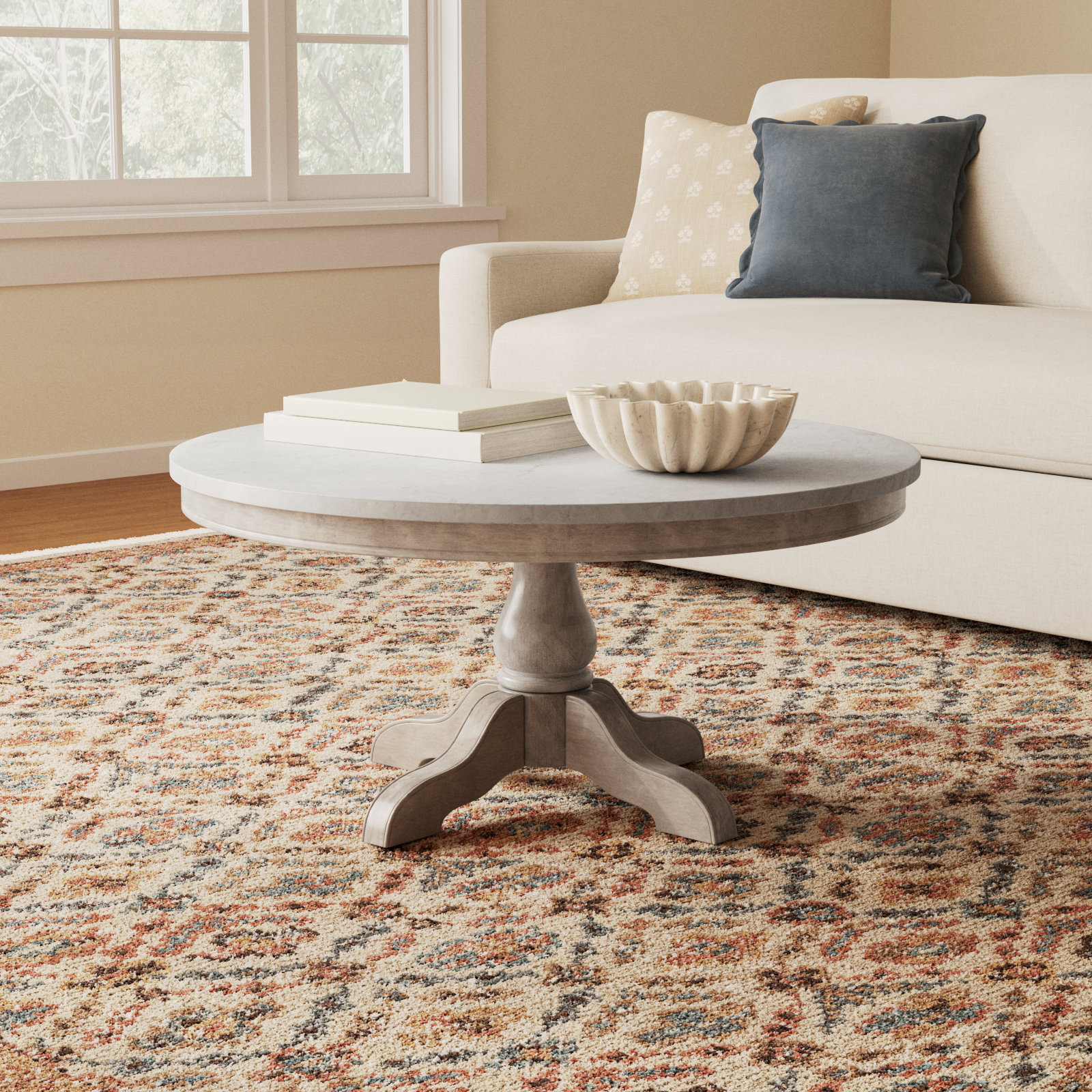 Aberdale 34" Coffee Table, Distressed Ivory Top/Sandalwood Beige Base