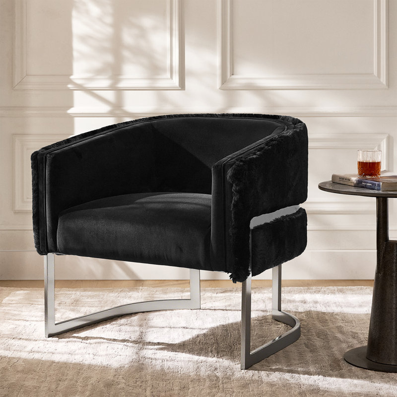 Rosetta 31" W Glam Faux Fur Fully Assembled Barrel Chair with Highly Polished Steel Legs, Black