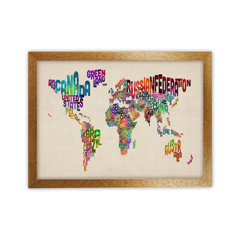 Text Map Of The World by Michael Tompsett - Print, Brown Framed, 34cm H x 46cm W x 3cm D