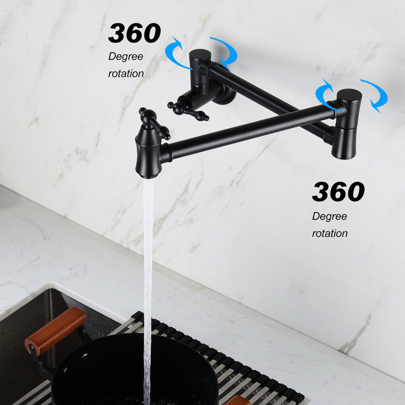 Wall Mount Pot Filler Faucet Matte Black, Foldable For Space Saving, 360 Rotatable, High-Durability Brass, Corrosion Finish, Double Handles Mounted Folding Design, Rotation, Brass Build, Treatment,