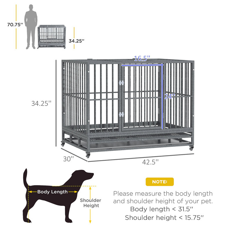 Large Gray Rolling Metal Dog Crate with Double Doors