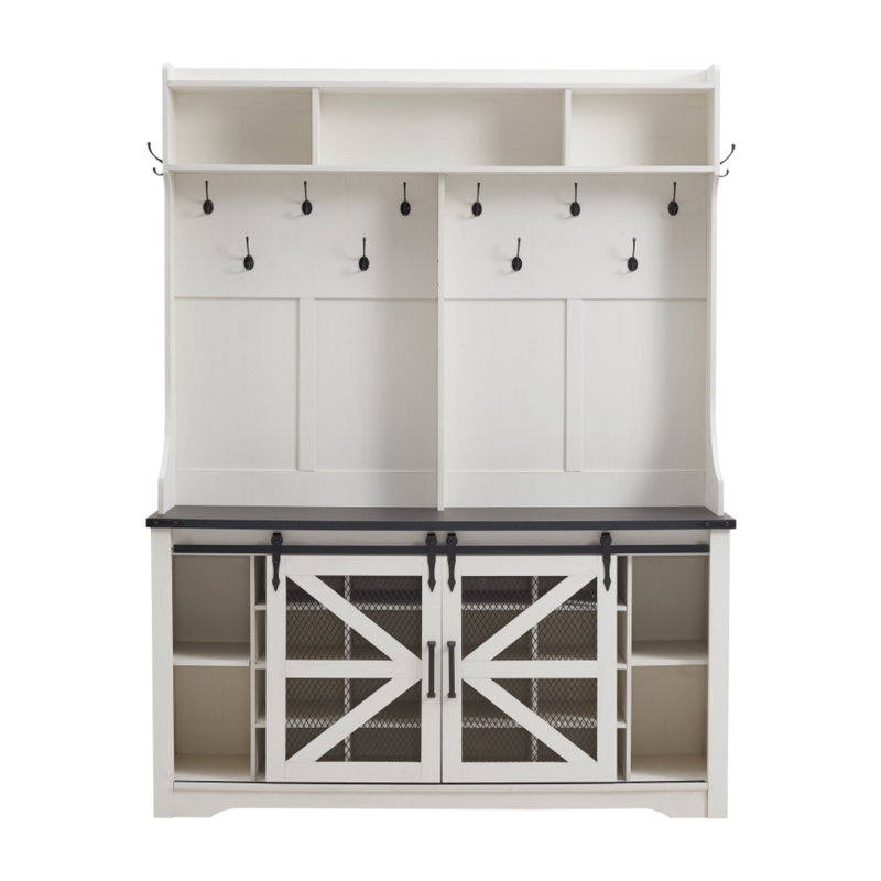 Krischan 59" Wide Farmhouse Hall Tree, Open Storage And Shoe Storage, White