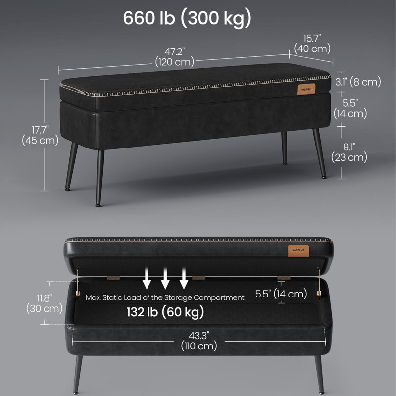 Banc de rangement en cuir, Avancé, Noir encre