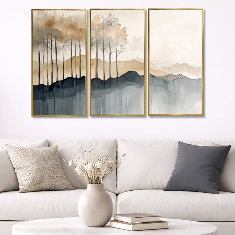 «Amber Ridge Treeline - Forest», art mural 3 pièces, H 32 po x l 48 po, Cadre flottant doré