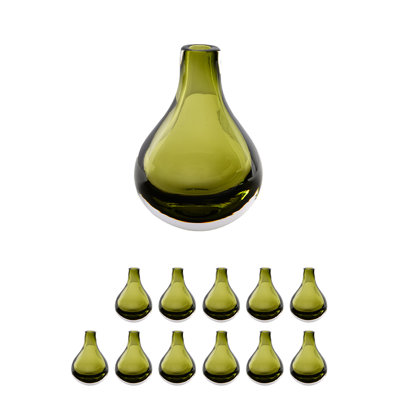 Handblown Olive Green Glass Bud Vase, Petite Teardrop Flower Holder For Home, Office, Cafe, Hotel, Wedding Decor, 4" Diameter & 5.5" Tall, Pack Of 12