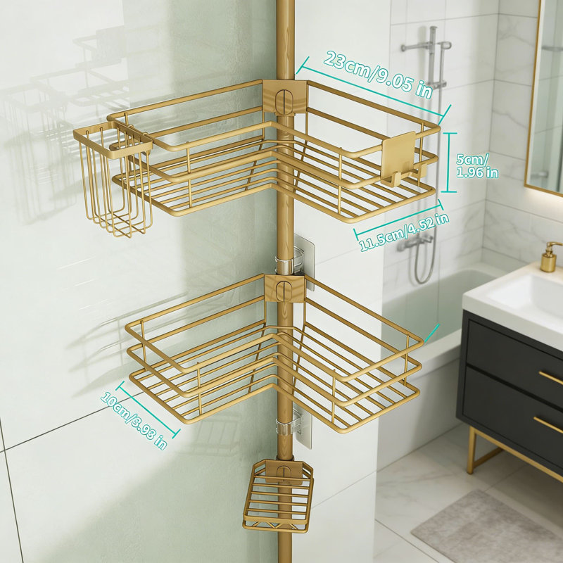 Adjustable Corner Shower Caddy Organizer With 4-Tier Shelves, Soap & Toothbrush Holder, Rustproof Stainless Steel Tension Pole For Bathroom Storage