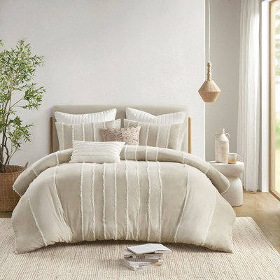 Housse de couette pour lit double / grand lit 3 pièces avec motifs à rayures alternées et fermeture à boutons 100% coton