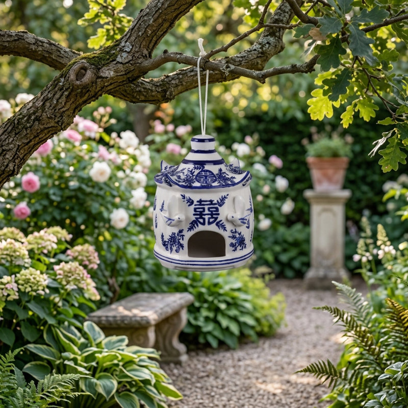 Sagebrook Home 8X7" Chinoiserie Large Pagoda Bird House, White/Blue