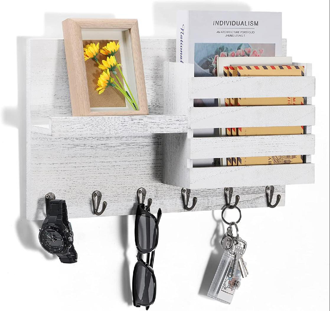 Porte-Clés Mural Vintage - Organisateur Bois Et Métal - Rangement Clés, Parapluies, Chapeaux - 42.5x9x28cm