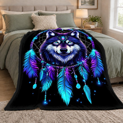 Couverture attrape-rêves loup (1 pièce), motif loup nébuleuse et plumes, en flanelle, douce, légère et chaude, idéale pour canapé, lit, salon, chambre d'étudiant, bureau ou voyage. Cadeau déco.