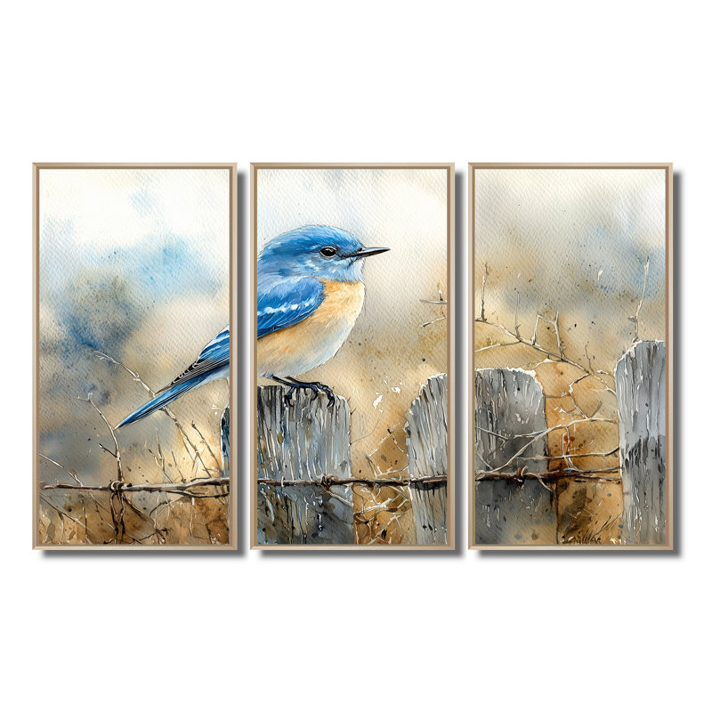 «Bluebird On The Farm Fence III» - art mural oiseau - ensemble de 3, H 28 po x l 36 po, Érable