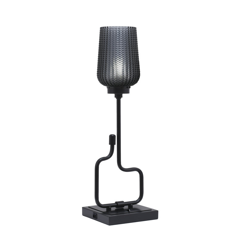 Lampe d'appoint Amarmula, avec ports USB, finition noir mat, verre texturé fumé 5 po, Noir, Transparent/noir