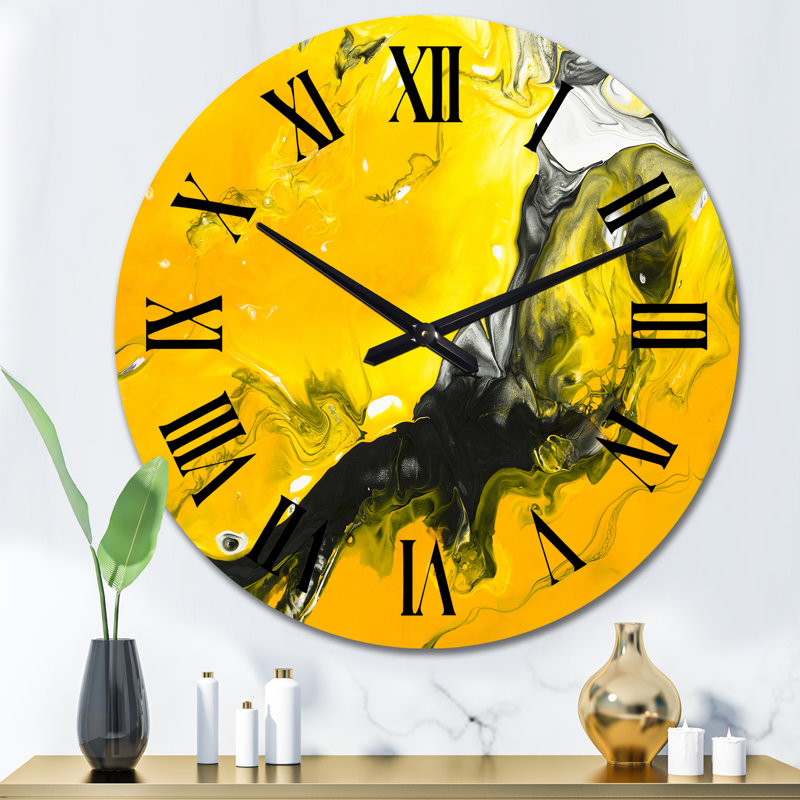 Jaune jaune noir et blanc liquide Art Iv - horloge murale moderne, Moyen