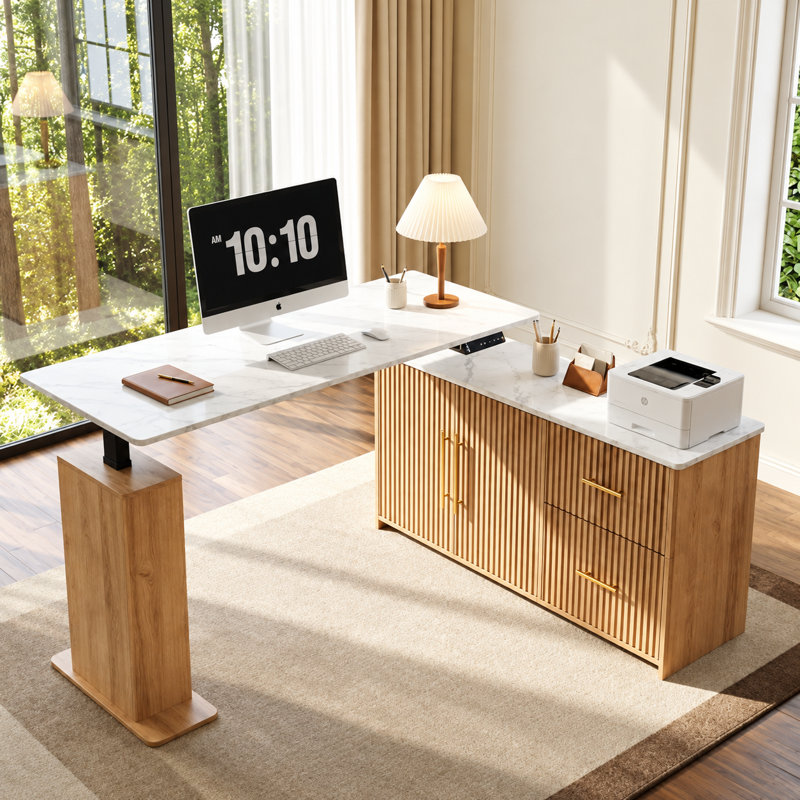 Bureau debout en L de 55 po, bureau assis-debout électrique à hauteur réglable avec tiroirs et armoire de rangement, bureau d'angle cannelé moderne pour bureau à domicile, marbre blanc