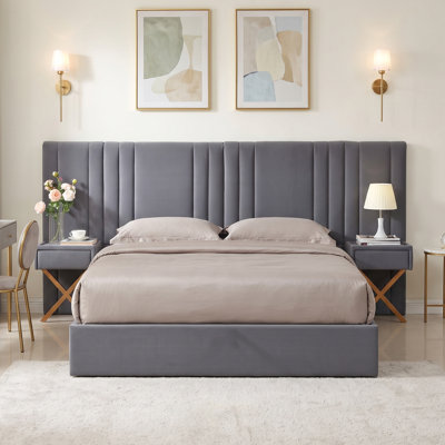 Modern Glam Queen Velvet Upholstered Lift-Up Storage Platform Bed with Wide Vertical Channel Tufted Headboard and 2 Built-in Nightstands, Gray
