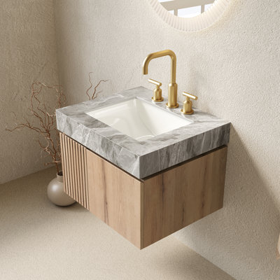 Meuble-lavabo de salle de bain 24 po Muri, armoire de rangement flottante en contreplaqué avec 2 portes, plateau en pierre frittée gris clair et lavabo en céramique avec 3 trous de robinet pré-percés, pré-assemblé, couleur grain de bois de chêne blanc