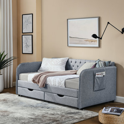 Twin Size Upholstery Daybed With Trundle Bed And Two Storage Drawers , Flat Arms With Pocket, Extendable Daybed For Bedroom Living Room,Linen Grey