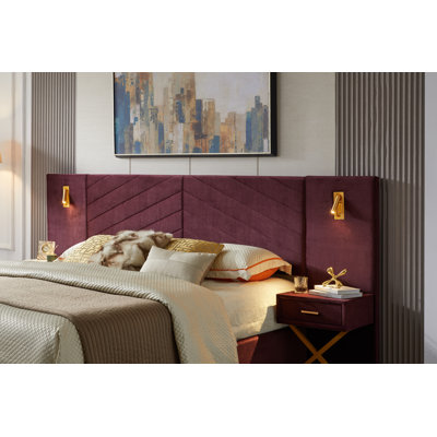 King Size Velvet Bed Frame/Vertical Channel Tufted Wingback Headboard/Upholstered Platform Bed/Strong Wooden Slats/No Box Spring Needed/Easy Assembly