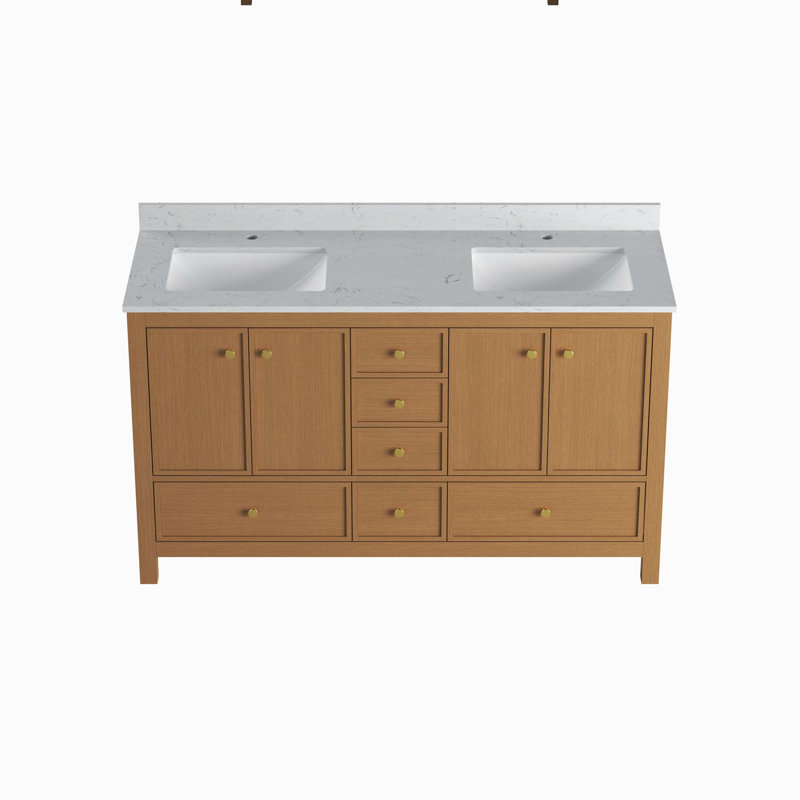 Meuble-lavabo double avec portes et tiroirs, Chêne, 59"