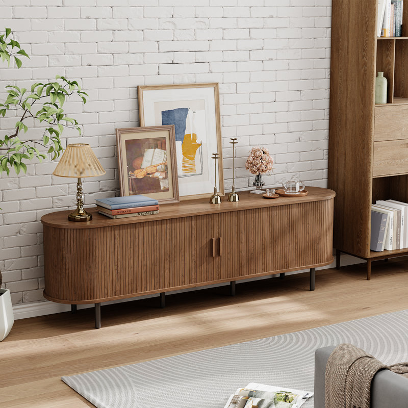 Meuble télé pour téléviseur de 80 po ou moins en bois manufacturé et moderne, 21.7" H x 63.01" W x 15.7" D, Noyer