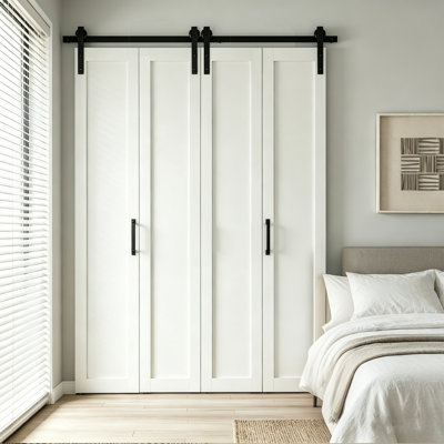 Porte de grange pliante en bois MDF double avec quincaillerie intérieure, blanc