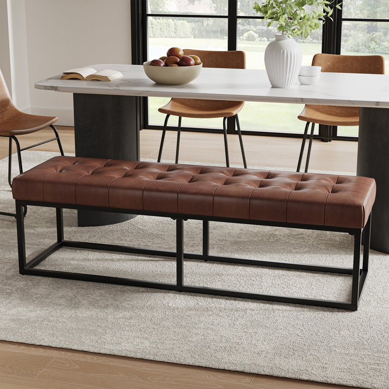Anahli 60'' W Modern Industrial Genuine Leather Bench with Tufted Design, Brown