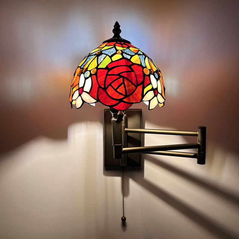 Tiffany Sconce Lamp Swing Arm Orange Stained Glass Rose Flowers Pull Chain Switch 13”W*8”D*15”H, Red/Green/Blue