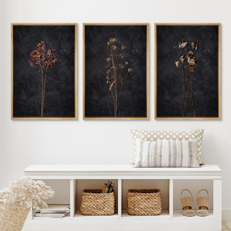 Dark Moody Wildflowers Vintage Retro Floral Botanical Framed On Canvas 3 Pieces Print Wall Decor