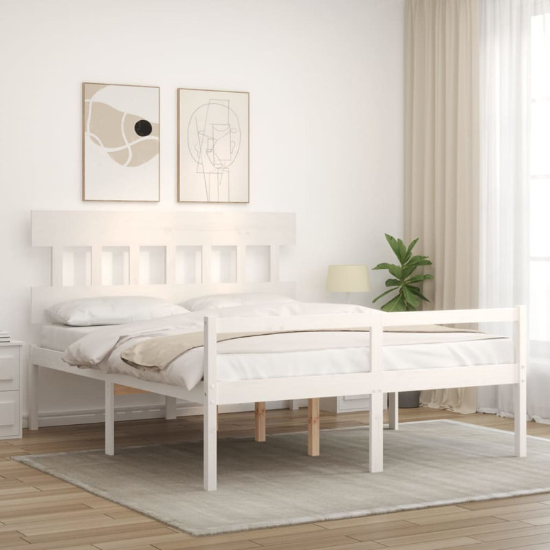 Bed Frame with Headboard, White, European Kingsize (160 x 200cm)