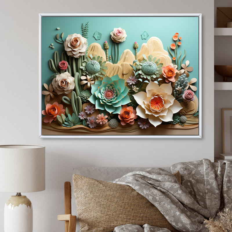 Cactus Mint Mirage - Cactus, reproduction d'art sur toile, Cadre flottant blanc, H 34 po x l 44 po x P 1,5 po