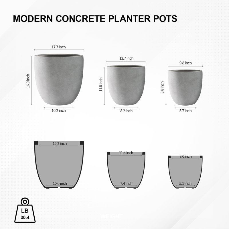 Kante 3 Piece 18", 14", and 10"W Round Planters, Outdoor Indoor Modern Planter Pots, Lightweight, Weather Resistant, Seamless with Drainage Hole Set