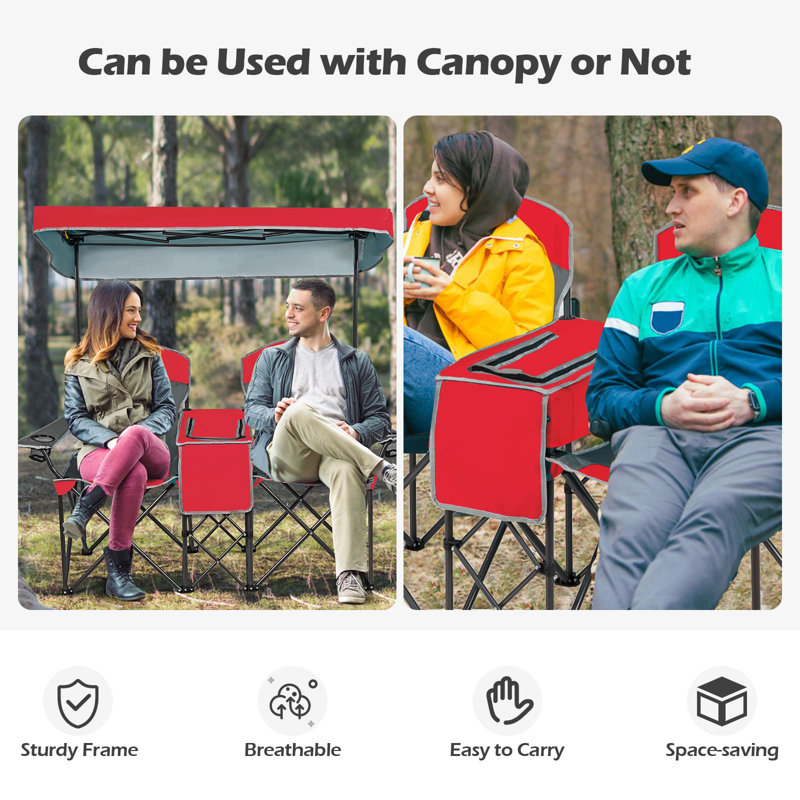 Double Sunshade Folding Chairs Outdoor 2-Person Chairs, Red