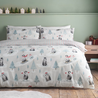 Brushed Christmas Penguins Cotton Reversible Duvet Cover Set