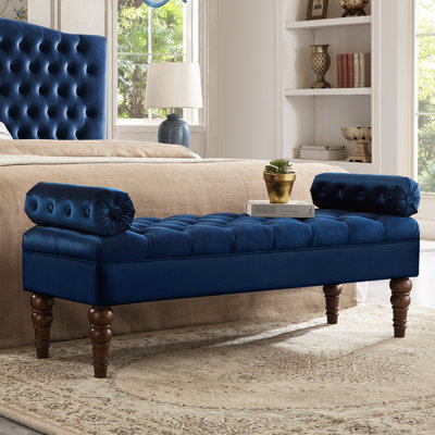 Siège de chambre à coucher rembourré - Velours bleu marine avec accoudoirs de soutien en bois massif