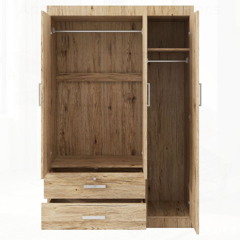 Armoire-penderie à trois portes avec 2 tiroirs et 2 tringles de suspension, parfaite pour les solutions de rangement organisées et élégantes.