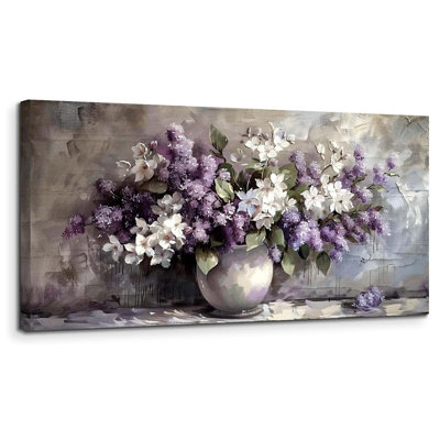 Grand art mural pour le salon, impressions de toiles de fleurs de nature morte, peintures florales de décoration botanique mauve, décoration murale de photos d'esthétique moderne, œuvre de cuisine de ferme 24 po x 48 po