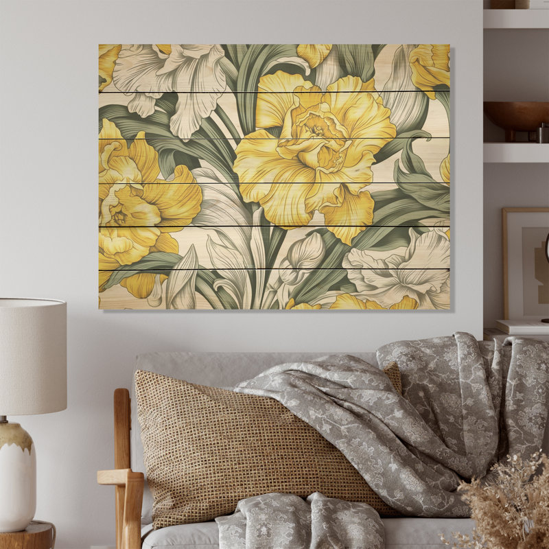 Yellow Radiance Daffodil Bloom - Daffodil Wood Wall Art On Natural Pine Wood, 10" H x 20" W