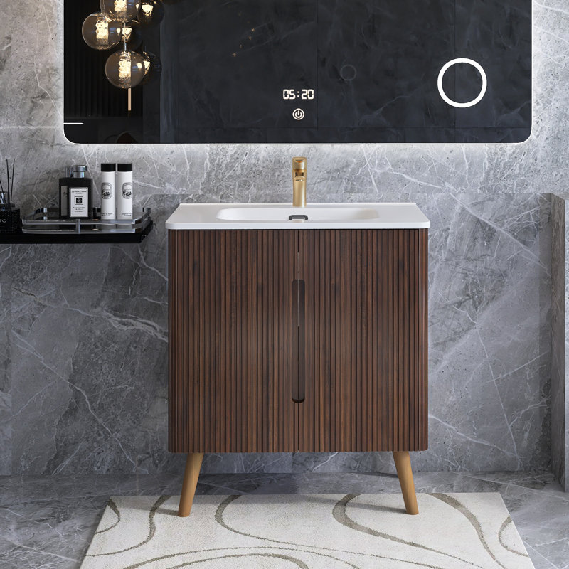 Meuble-lavabo mural 30 po en noyer rayé avec lavabo
