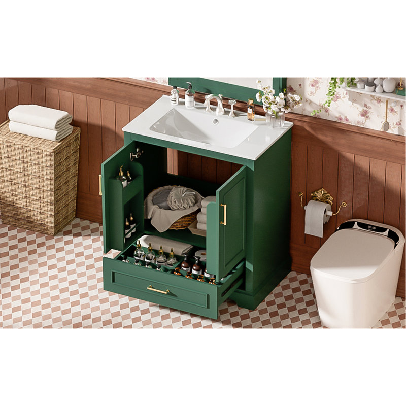 Meuble-lavabo autoportant de 30 po avec lavabo, panneau de fibres à densité moyenne et structure en bois massif, 1 tiroir de séparation et 2 portes à fermeture en douceur (double tablette sur la porte)