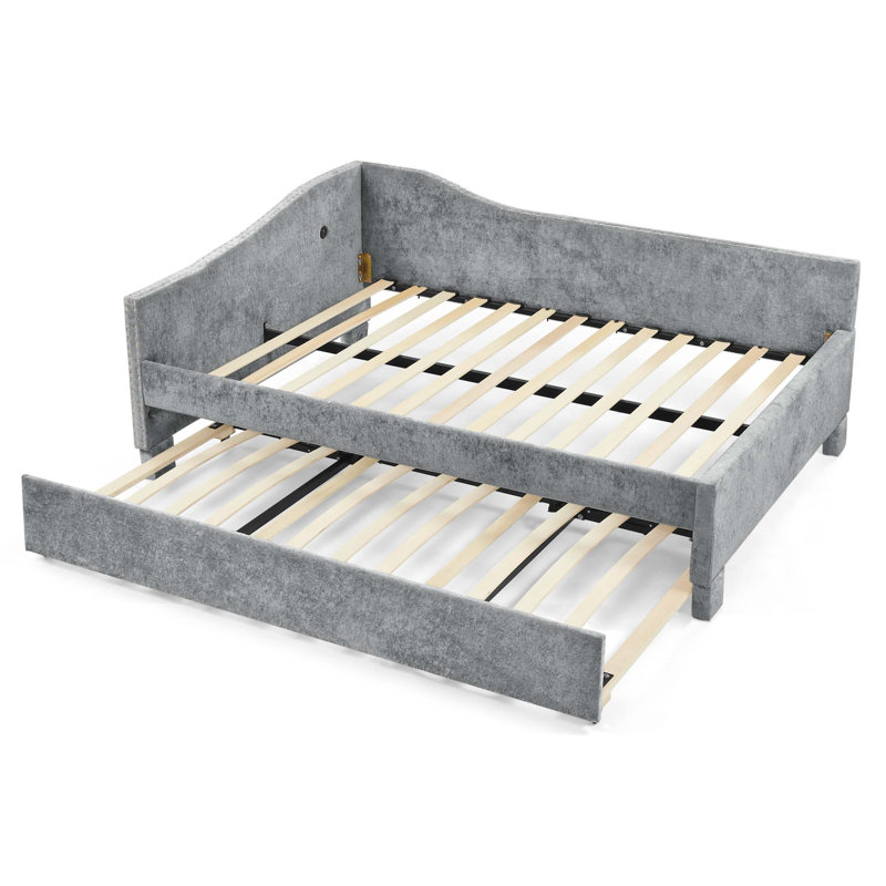 Lit de jour simple polyvalent avec couchette coulissante et chargement USB, Gris