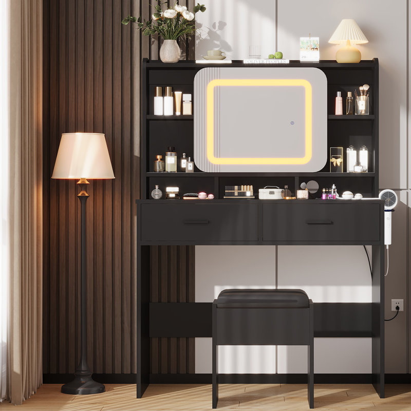 Coiffeuse de maquillage moderne avec miroir à DEL, prises USB, 2 tiroirs et tabouret, Noir