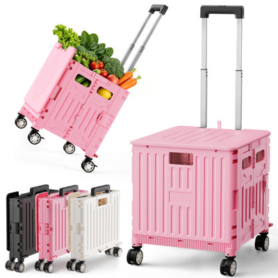 Chariot utilitaire pliable à roulettes avec couvercle, caisse de rangement pliable avec roulettes et compartiment verrouillable, rose